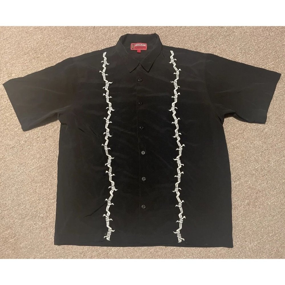Vintage 90s XL JNCO Jeans Barbed Wire Button Down Shirt Grunge Rave Graffiti Y2K